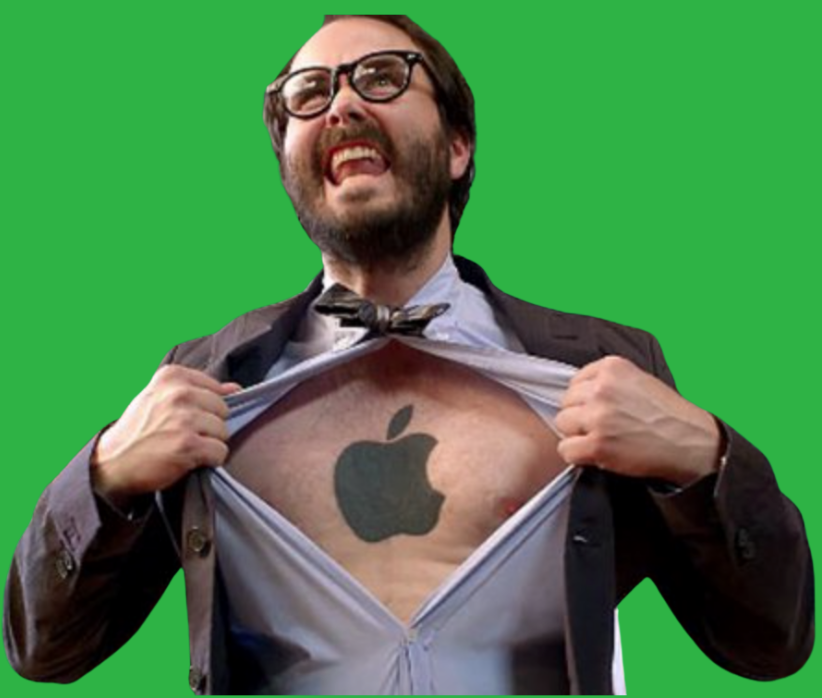 Man ripping shirt open with Apple logo on chest